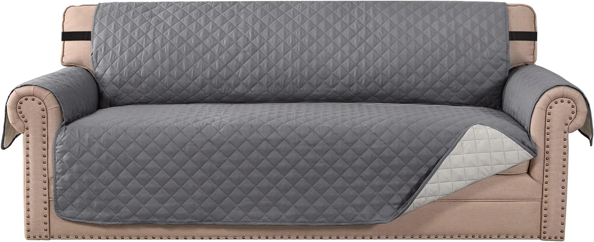 H.VERSAILTEX Sofa Slipcover Reversible Sofa Cover Water Resistant Couch Cover with Adjustable Straps, Washable Couch Cover for Kids, Dogs, Pets (3 Seater Sofa, Grey/Beige) image number 6
