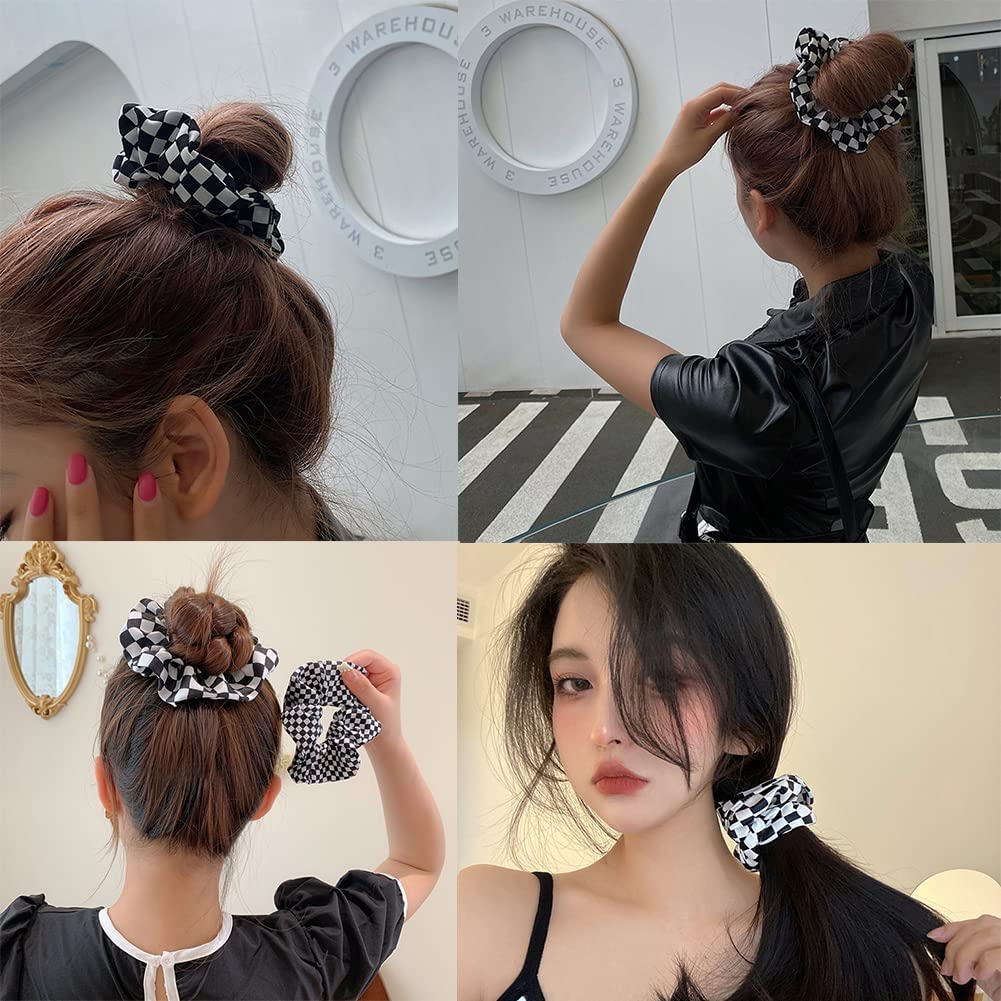 Checkered Scrunchie Buffalo Plaid Scrunchies Checkboard Elastic Hair Ties for Women Girls Checkered Accessories Black and White Scrunchies Ponytail Holders