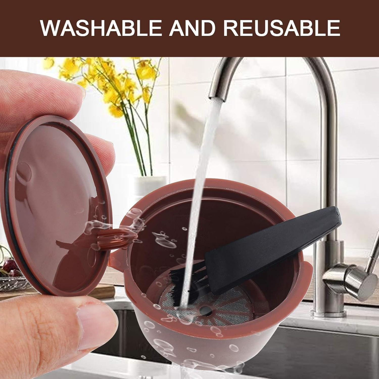 Reusable Coffee Capsule Filters 3Pcs, Colorful Coffee Filters for Nescafe Dolce Gusto Brewers Machine, Reusable Refillable Coffee Pods Capsule Filter Cups Kit with Cleaning Brush and Measuring Spoon image number 4