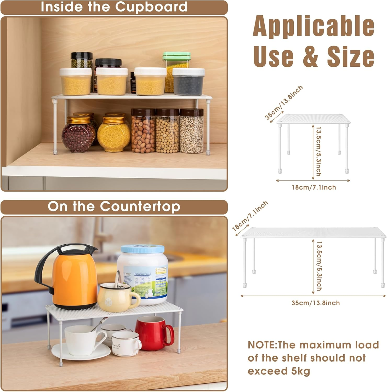 QIWODE Kitchen Cupboard Organiser, Spice Rack, Stackable Shelf, Space Divider Unit, Storage Stand for Kitchen, Pantry, Cabinet, Desktop, Countertop, White image number 4