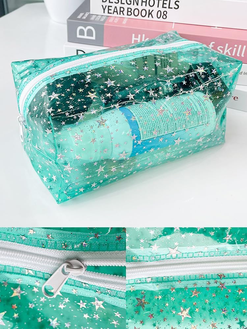 Toteprint 2 X Transparent Cosmetic Bag, Glitter Star Pattern, 20 X 10 X 9 Cm, Turquoise Cosmetic Bag with Zip for Men and Women