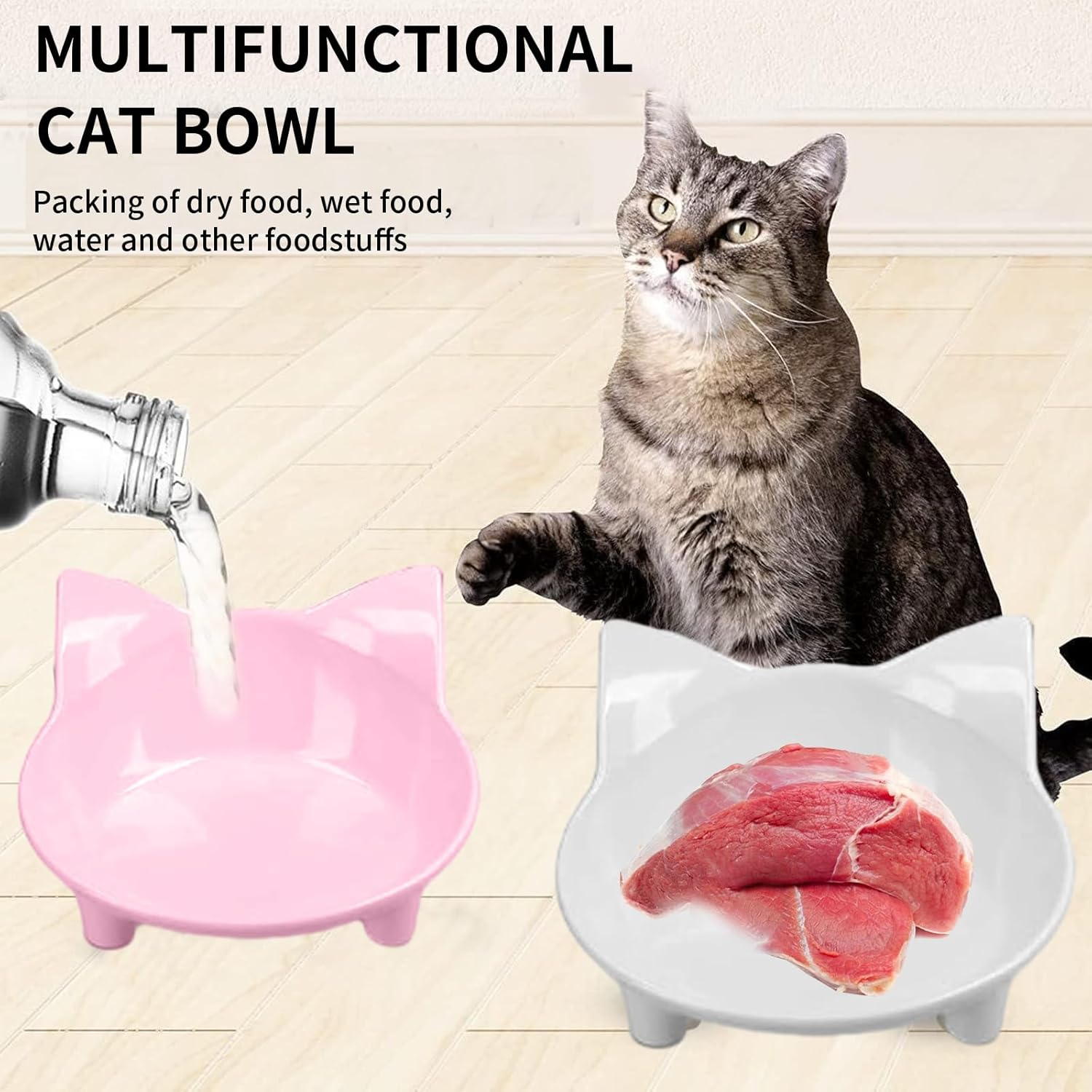 Cat Bowls, Anti-Slip Multi-Purpose Feeding Bowl, Cat Food Bowl with Non-Slip Rubber to Relieve Whiskers Fatigue, One Set of 2 - White and Pink image number 5