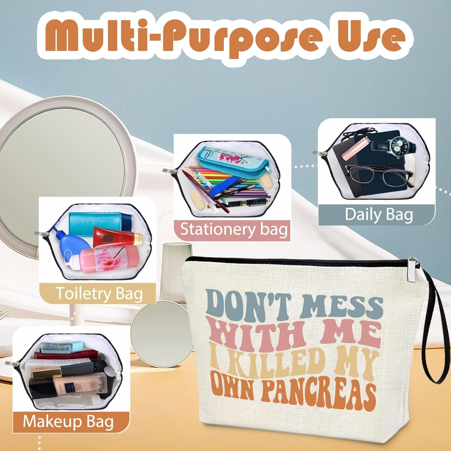 Diabetes Zipper Bag Type 1 Diabetes Support Diabetes Awareness Gift for Women Diabetic Survivor Funny Diabetes Makeup Bag Lazy Pancreas Club Pancreas Society Crew Present Cosmetic Travel Organizer image number 6