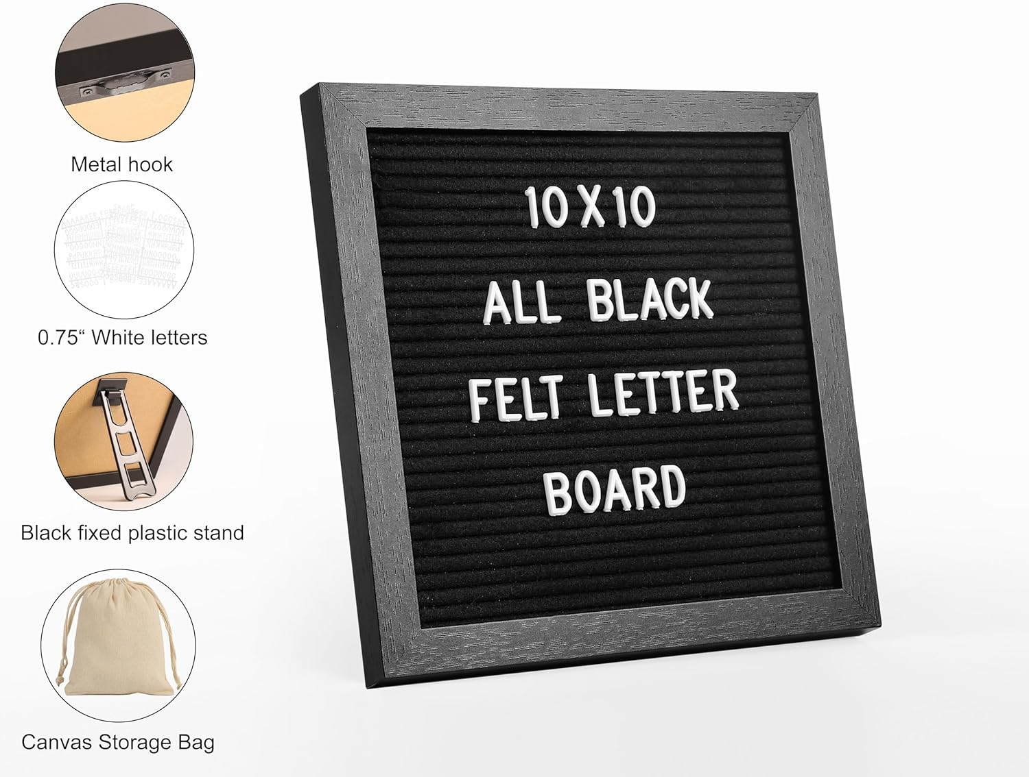 G GAMIT Black Felt Letter Board with 294 Changeable Letters&Numbers, 10&rdquo;X10&rdquo; Message Board Letter Sign Board in Black Frame with Stand and Canvas Bag for Announcement&Notification(Black) image number 3