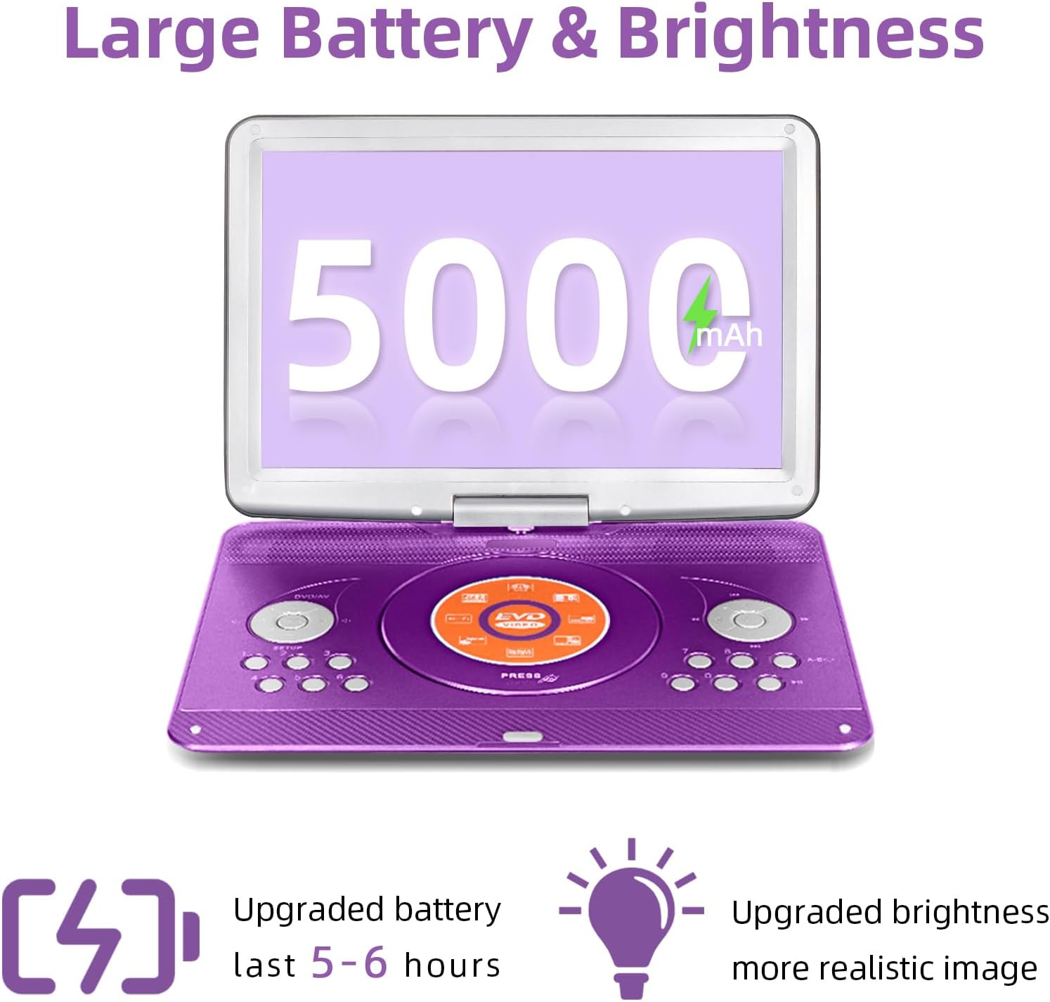 16.9'' Portable DVD Player with 14.1'' Large Swivel HD Screen, Kids DVD Players Portable with 6 Hrs 5000Mah Rechargeable Battery【Upgraded】, Sync TV, Support USB/SD Card, with Car Charge,Purple image number 3