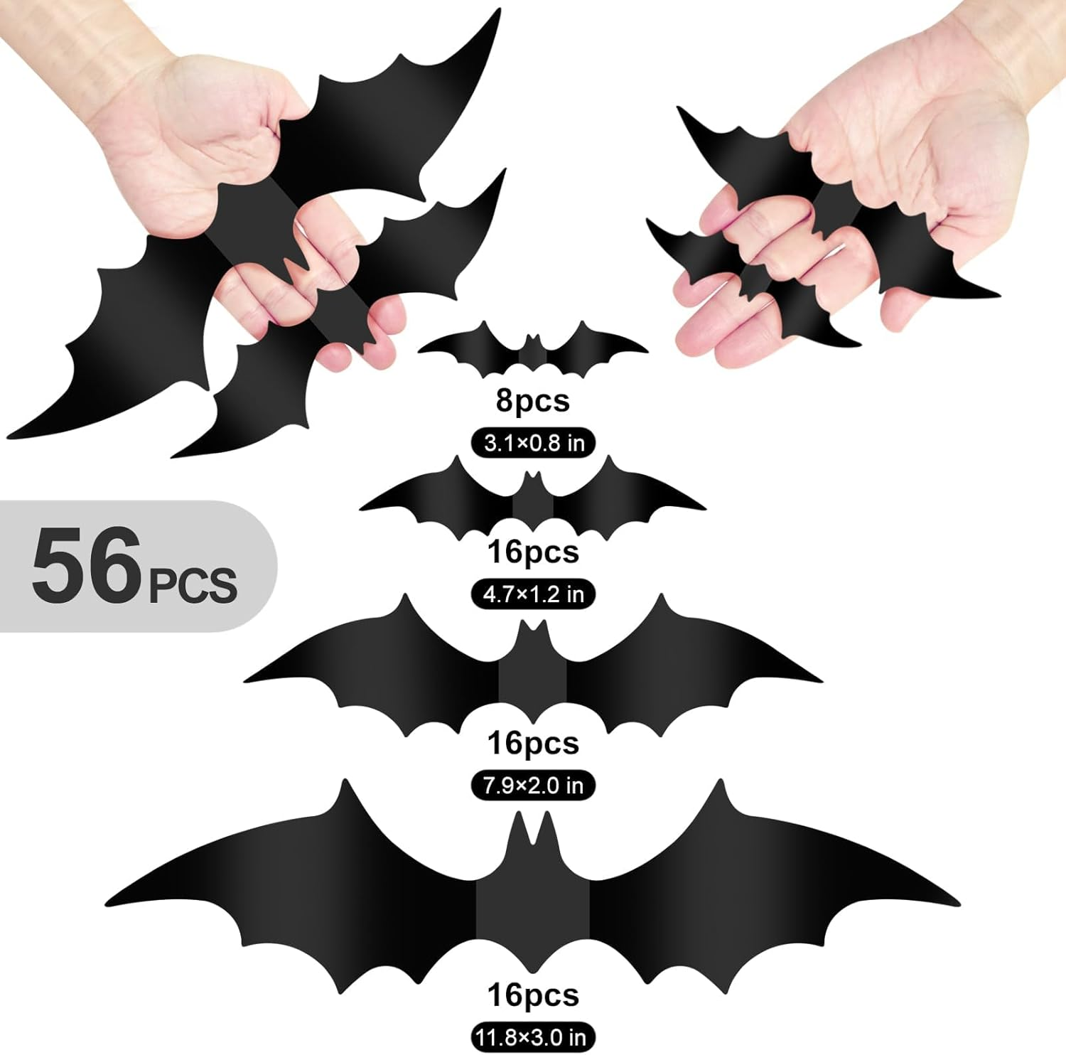 3Tyto Halloween Bat Wall Decals, 56 Pieces 3D Black Decorative Stickers, Party Supplies for Indoor Outdoor Home Decor image number 3
