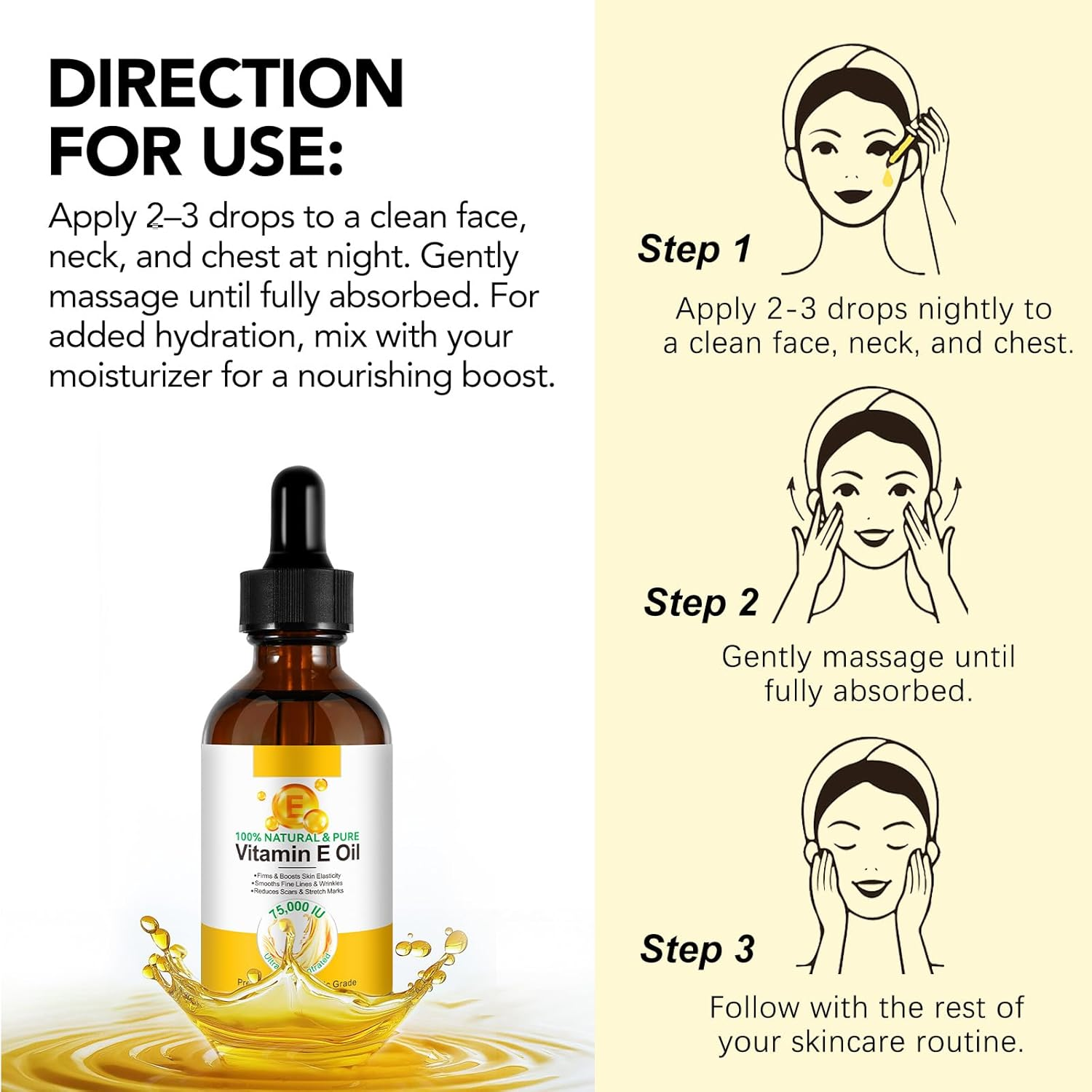 Vitamin E Oil 75,000 IU 2 Fl Oz - Pure Vitamin E Oil for Skin, Face, Hair, Body - Natural for Dryness, Wrinkles, Scars & Stretch Marks, Body Bath Oils Moisturizing and Firming Skin image number 2