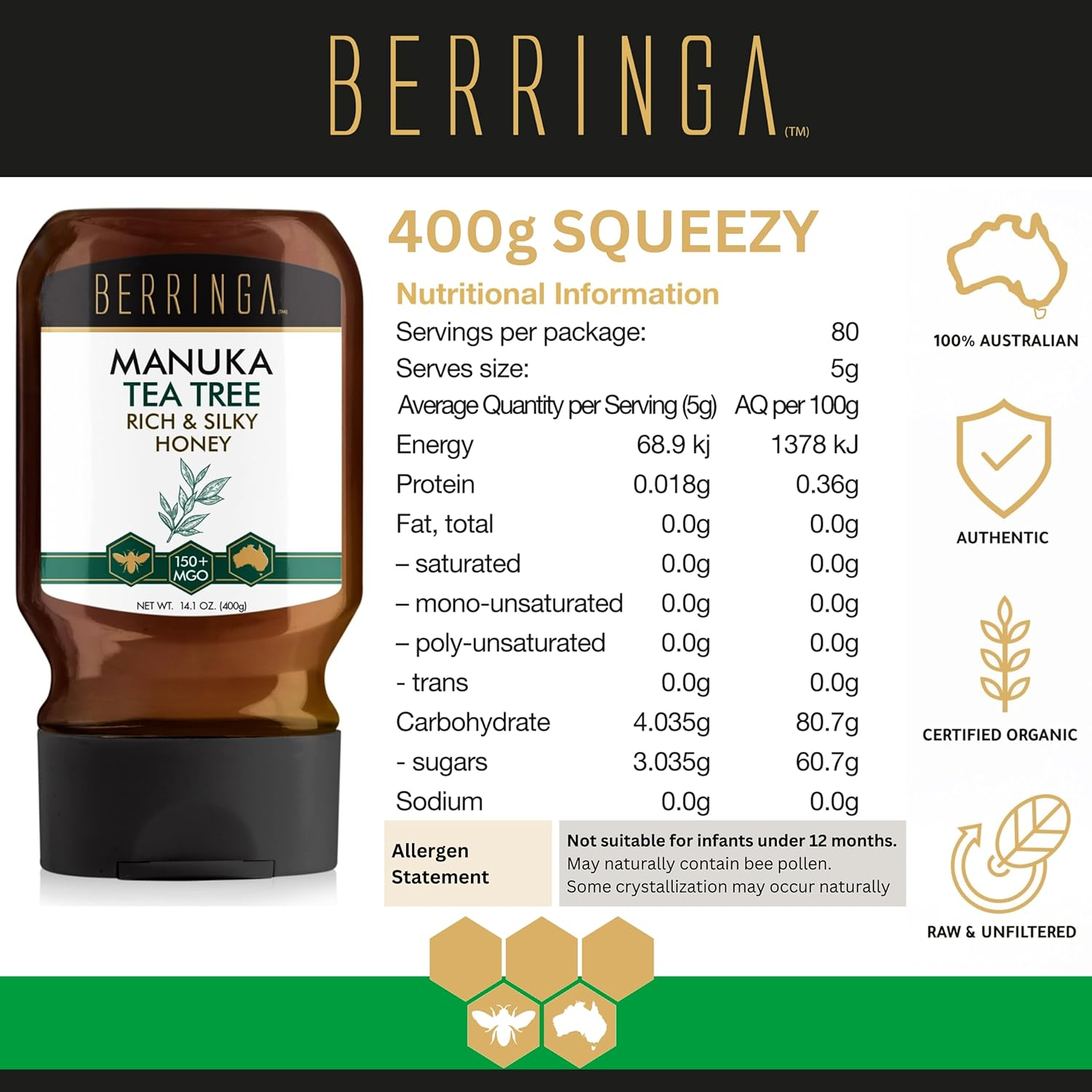 Berringa Tea Tree Manuka Honey Squeeze Bottle - Rich Silky Aromatic Certified Tested MGO 150+ 400G | Raw Unfiltered | Traceable Genuine Local 100% Pure Australian | Non-Gmo Superfood | No Drip Squeezy