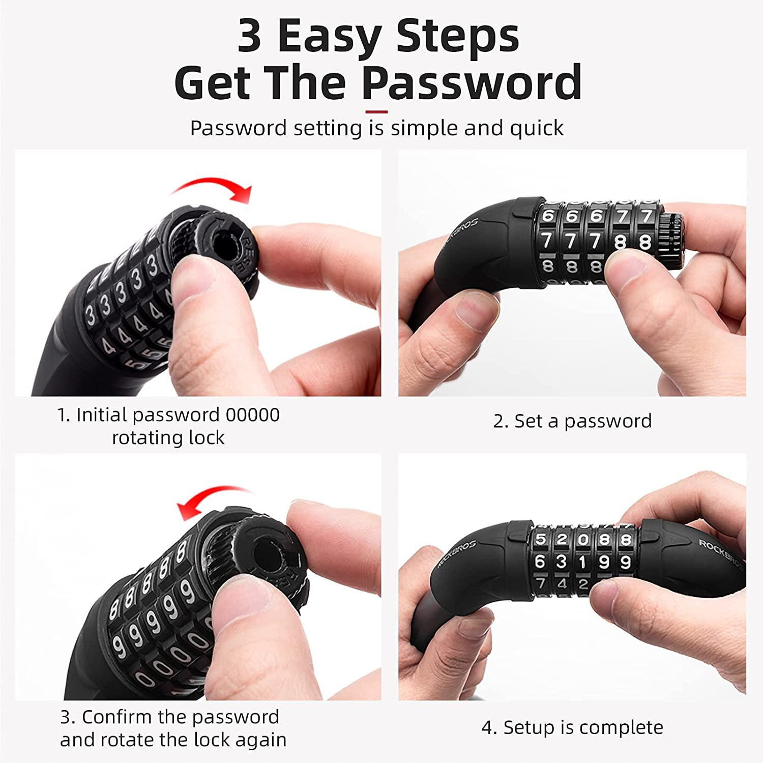 ROCKBROS Bike Lock Cable Combination Bike Lock 5 Digit Resettable Bicycle Cable Lock for Road Mountain Bike Motorcycle Scooters - Black image number 5