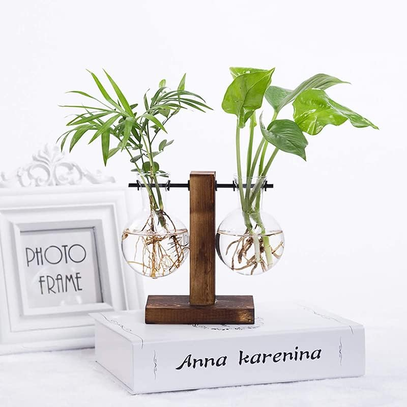 Wooden Stand Glass Flower Vase Hydroponic Hanging Plant Terrarium Container, Modern Hanging Flower Container image number 6