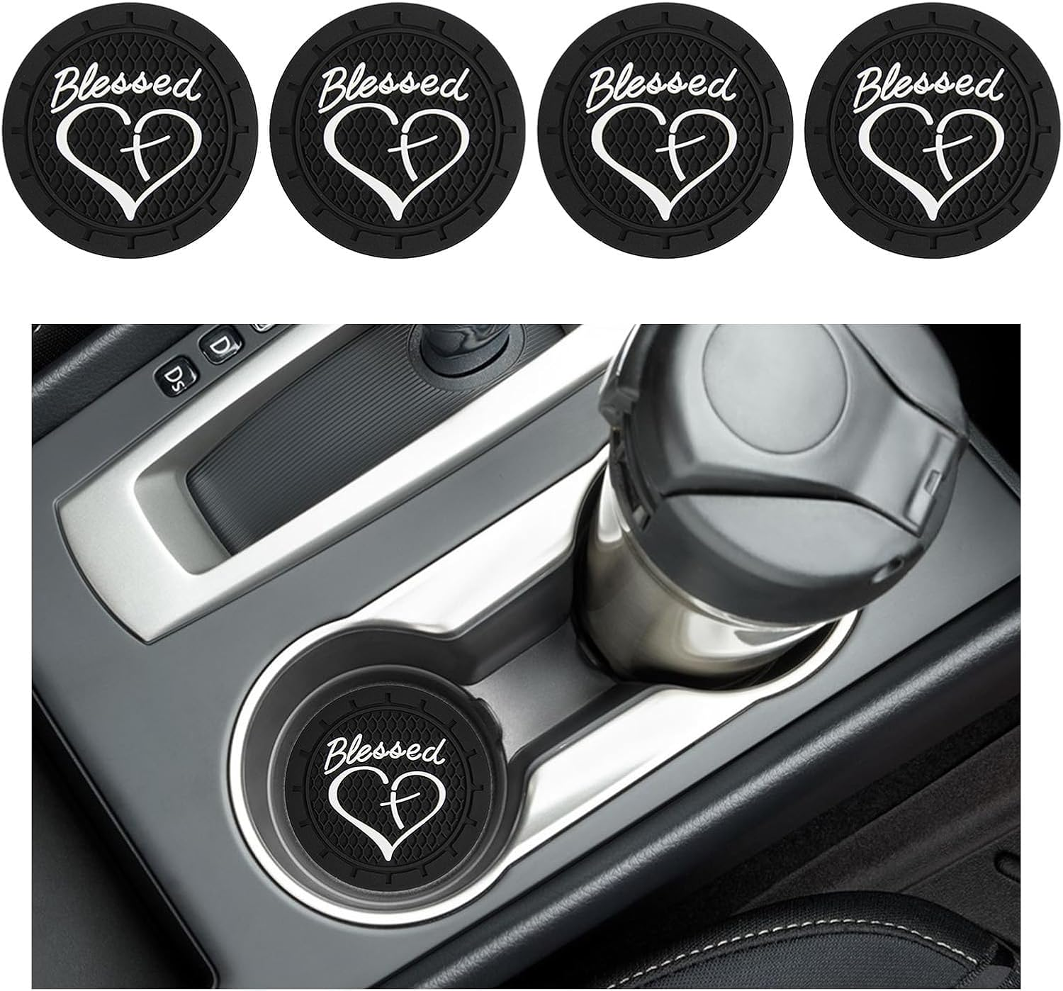 4PCS Car Cup Holder Coaster, Non-Slip PVC Insert Cup Coaster, 2.76 Inch Blessed Cross and Heart Christian Auto Drink Cup Mat, Universal Interior Accessories for Women Girls (Gray)