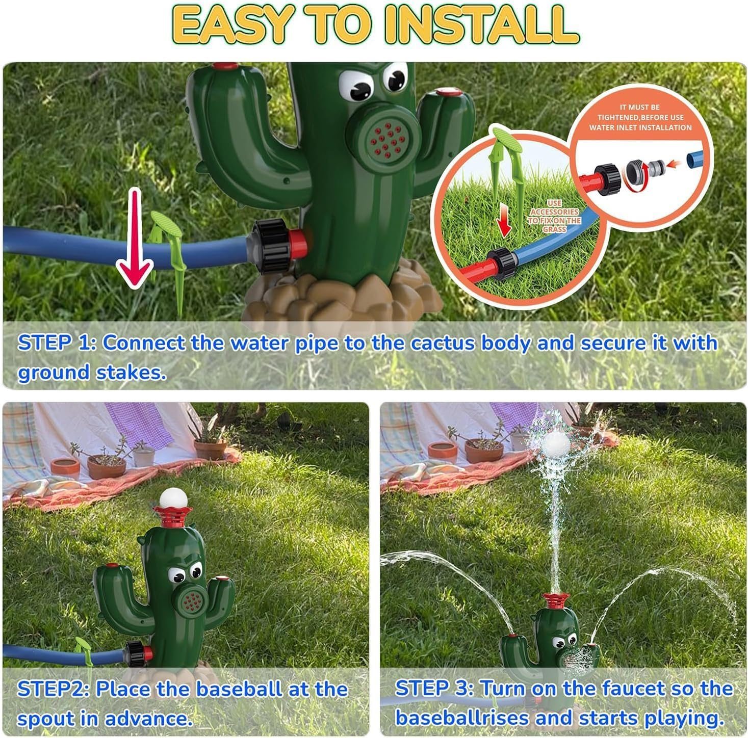 Outdoor Water Spray Sprinkler for Kids & Toddlers, Summer outside Toys Backyard Games, Water Hose Sprinkler | Cactus Shape Garden Watering Sprayer with Baseball Set for Yard and Lawn