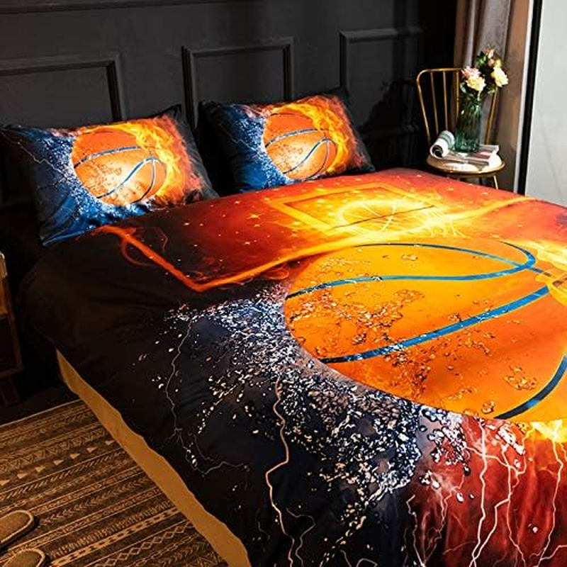 Mozeo 3D Basketball Fire Bedding Duvet Cover Set 3 Piece (1 Duvet Cover+2 Pillowcase) for Teen Boys Sports Microfiber Bedding Quilt (Double Basketball Fire) image number 6