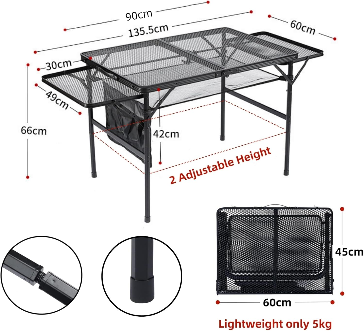 FORYUSE Folding Camping Table 90X60Cm with Extension Board Portable Lightweight Height Adjustable Metal Mesh Desktop Bag Side Pocket for Outdoor BBQ Grill Picnic Beach image number 4