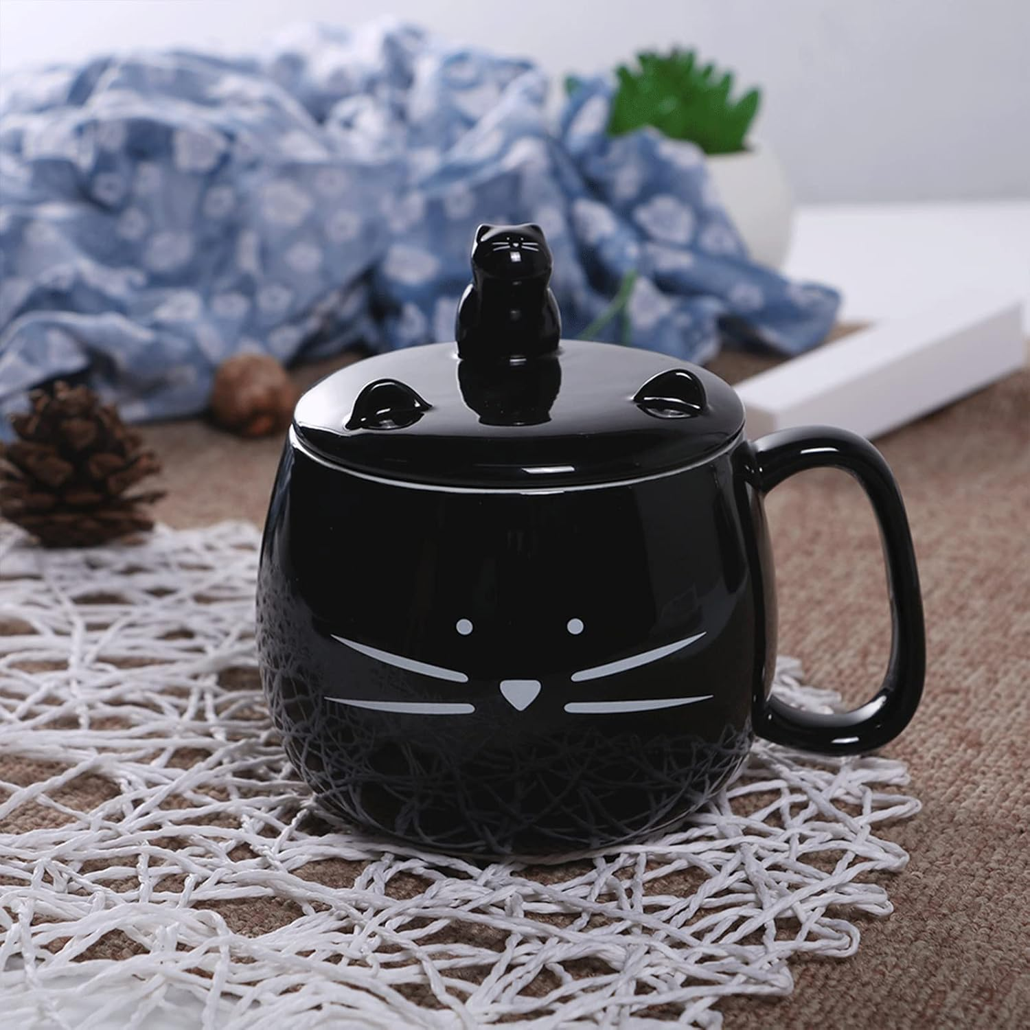 Koolkatkoo 16OZ Cute Cat Coffee Mug with Cell Phone Holder Lid for Cat Lover Unique Ceramic Black Mugs Tea Cup image number 1