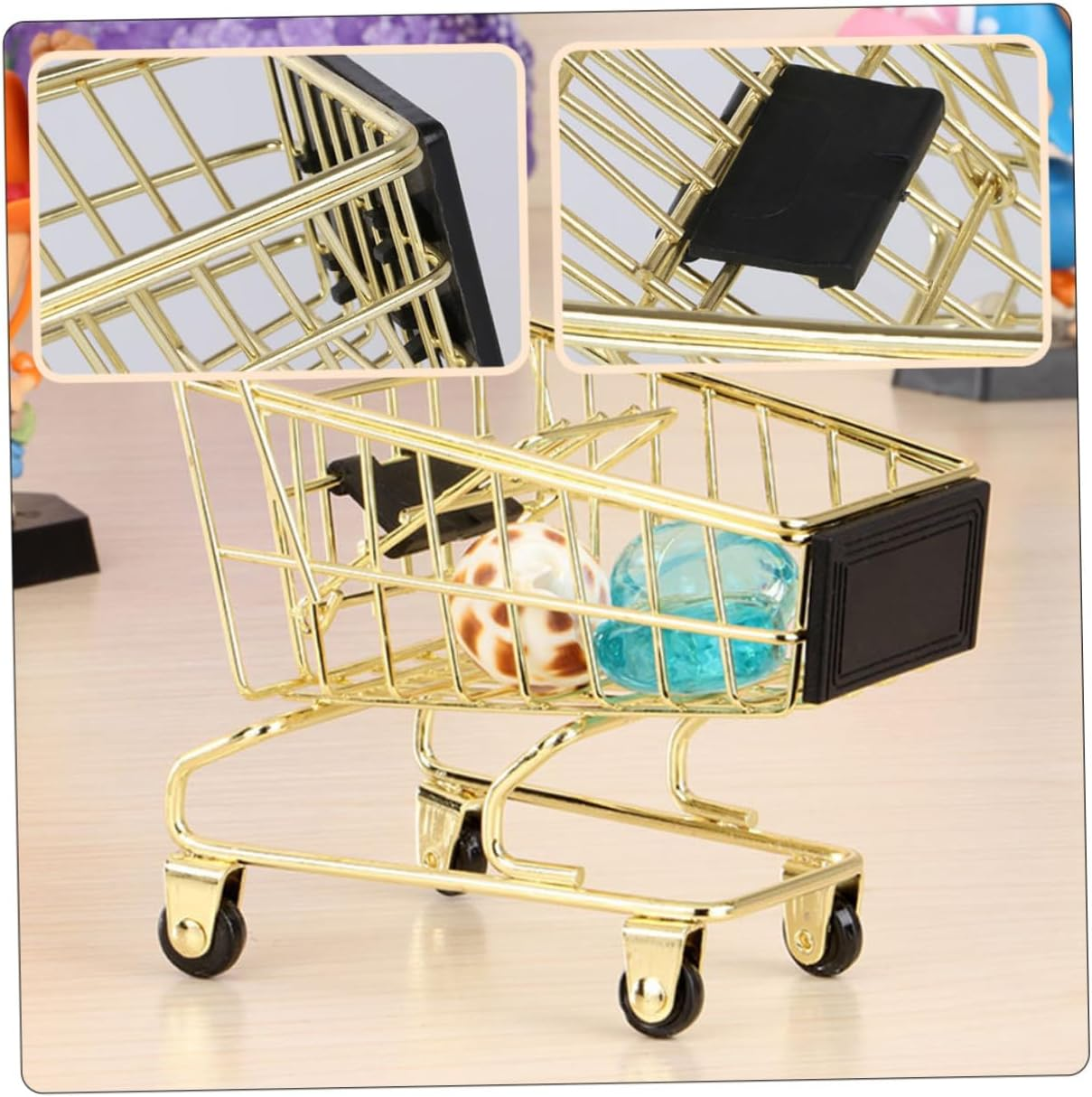 Yardwe Mini Metal Shopping Cart Storage Basket, Home Office Sundries Organizer, Gold Decorative Trolley Basket for Small Item Storage image number 1