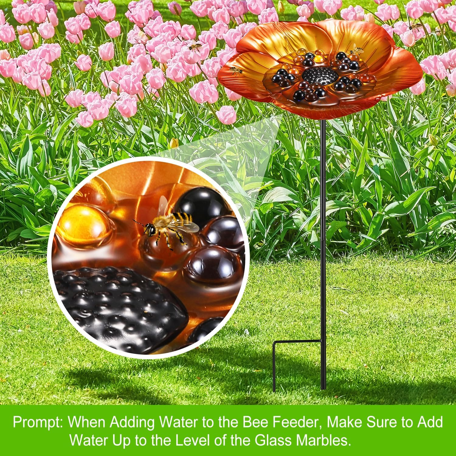 Bee Feeder with Flower Design, Iron Vivid Bird Watering Station Bee Drinking Stations Mini Bee Water Cups with 30Pcs Colorful Glass Marbles for Birds Butterfly outside Garden Courtyard Decor image number 2