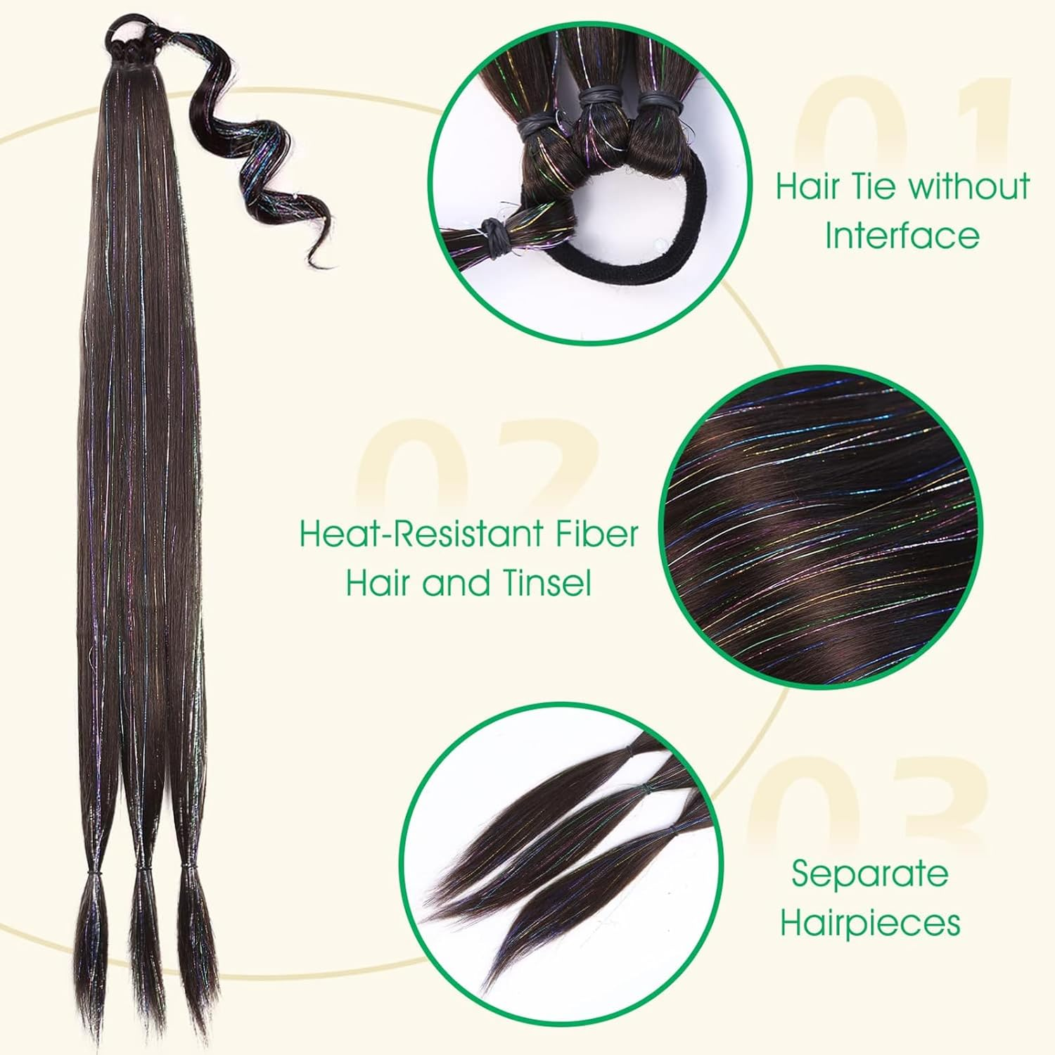 Braid Ponytail Extension with Glitter Hair Tinsel, 34" Long Straight DIY Braid Hair Extension with Hair Tie, Wrap around Hair Extensions Ponytail Natural Synthetic Hairpiece Black Brown image number 5