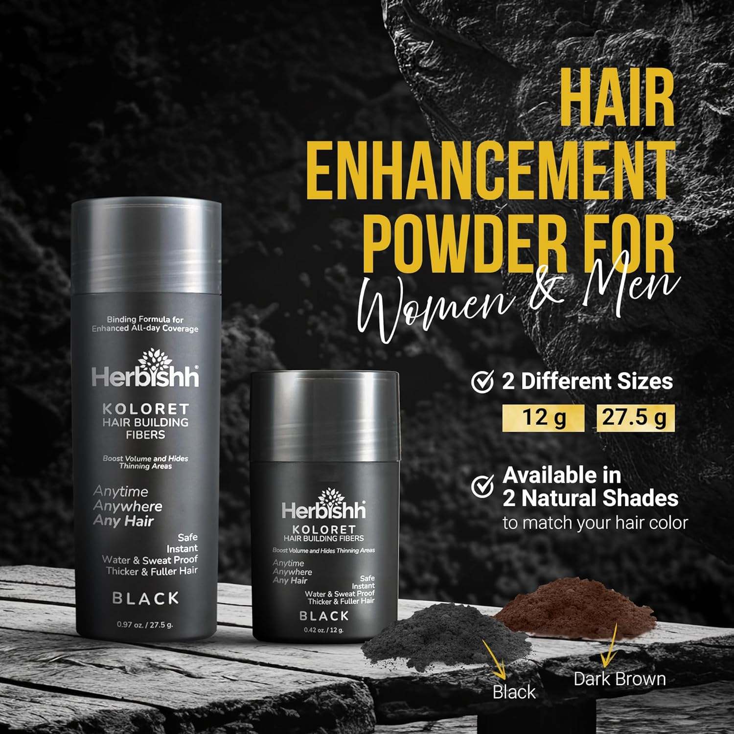 Herbishh Koloret Hair Building Fibers &ndash; Black Powder for Thinning Hair, Instant Bald Spot Cover up & Scalp Concealer &ndash; Sweat-Proof & Water-Resistant Hair Thickening Fibers for Men & Women, 12G