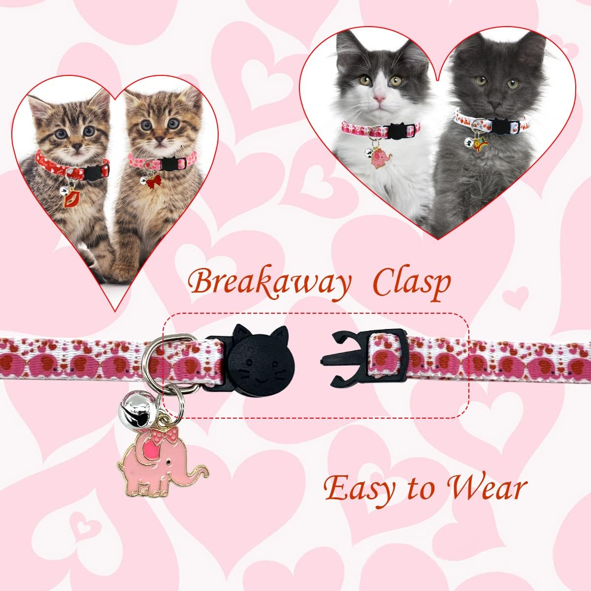 Cooshou 4PCS Valentine'S Day Cat Collars with Bells Kitten Breakaway Collar with Charming Pendants Pet Adjustable Collars with Red Lips Love Bow for Cats Kitten Small Dogs image number 2