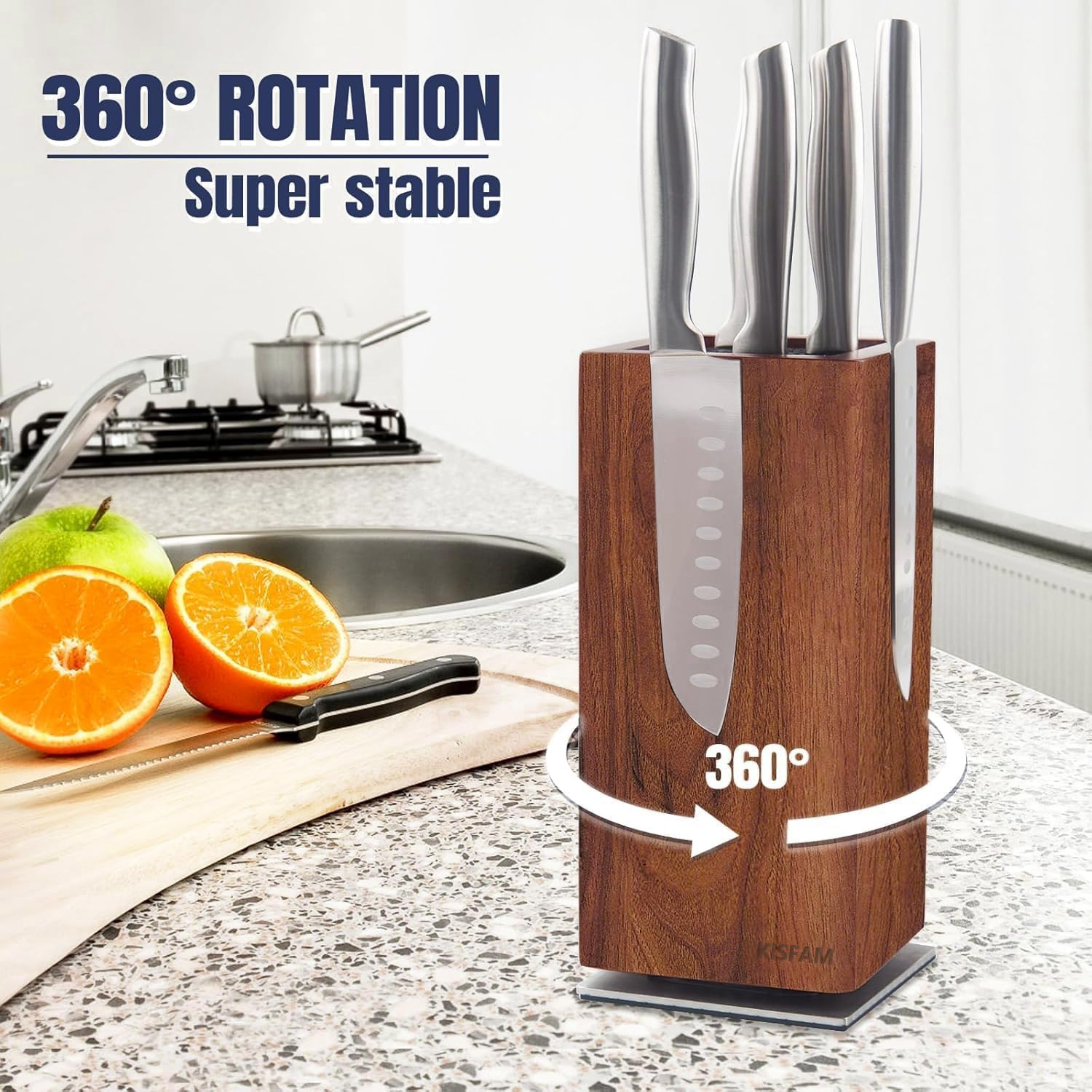 Magnetic Knife Block without Knives, 360&deg; Rotatable Magnet Knife Holder Stand Made of Fine Acacia Wood, Extra Large Capacity Knife Storage for Knives and Utensils for Kitchen Counter Top image number 4