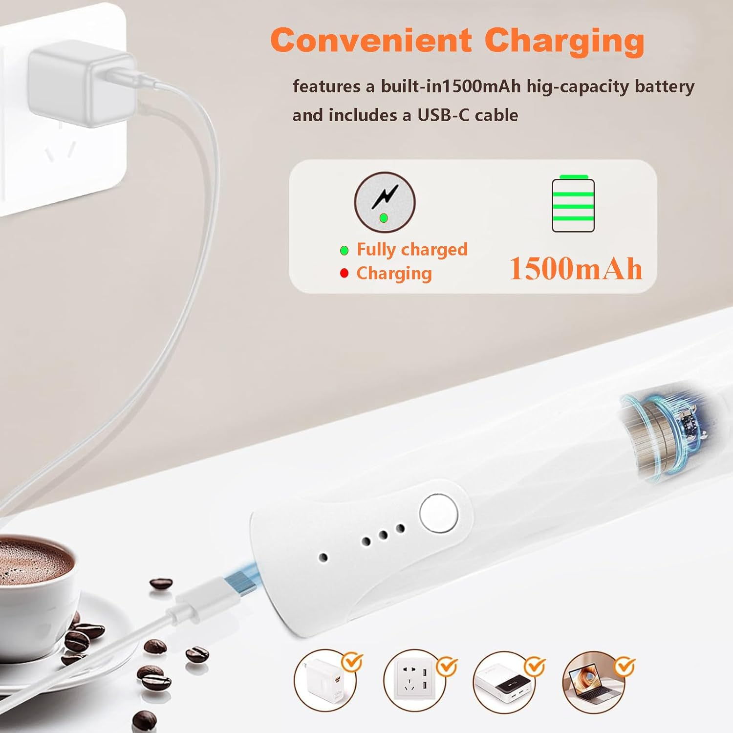 Milk Frother Handheld, Coffee Frother Rechargeable Electric Whisk with 2 Stainless Steel Whisks, 3 Gear Adjustable Drink Mixer Milk Foamer for Cappuccino Latte Coffee Hot Chocolate image number 6