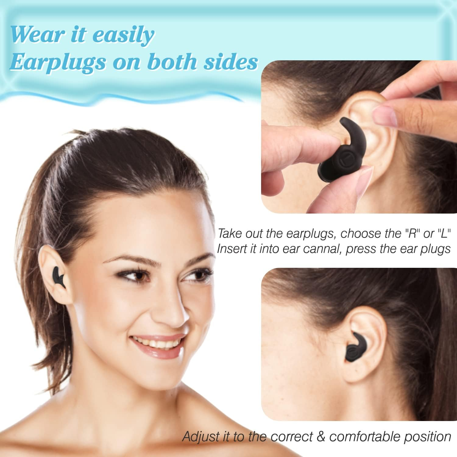 Reusable Ear Plugs for Swimming, 3 Pairs Soft Silicone Waterproof Swim Earplugs with Noise Cancelling for Bathing, Surfing, Swimming, Kayaking and Other Watersports (Adult, Black Blue Purple) image number 5