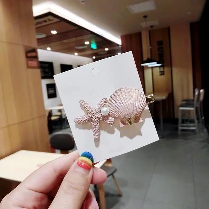 RFTWXHPN Mermaid Starfish Seashell Hair Clips for Women Girls Starfish Shell Hair Clip 2Pcs Metal Mermaid Shell Hair Barrettes Pearl Seashell Hairpin Beach Mermaid Hair Accessories, Blue and Pink