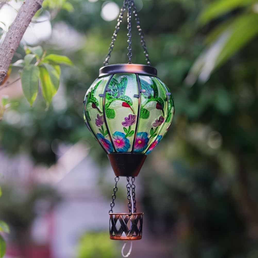 Starsoul Hummingbird Hot Air Balloon Solar Lantern with Candle Holder Glass Outdoor Solar Hot Air Balloon Flickering Flame Lamp Hanging Garden Light Waterproof for Lawn Porch Tree Yard Decorations - Purple-2Pc image number 3