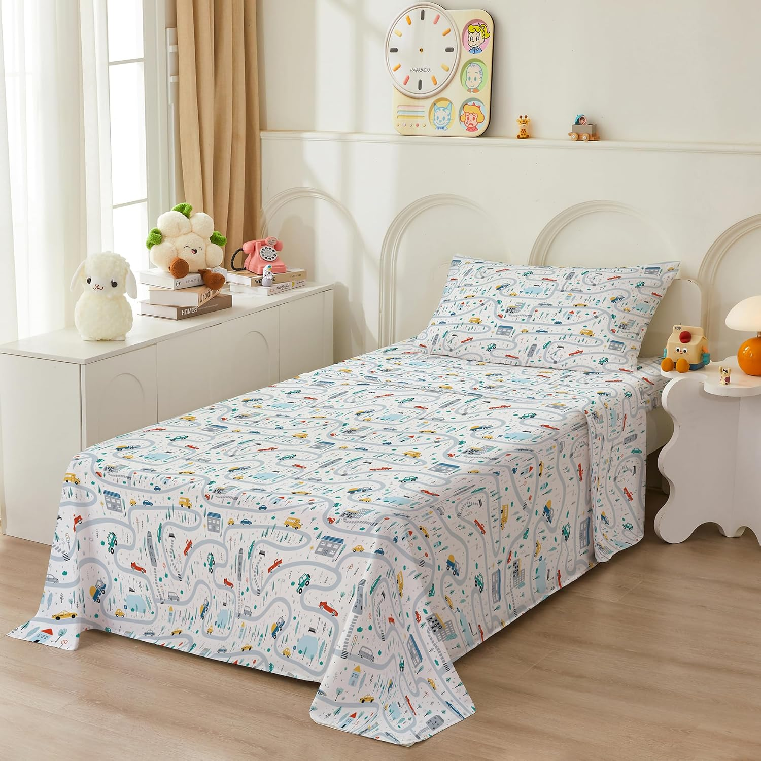 Bedmoon Boys Twin Sheets, Kids Car Truck Soft Microfiber Twin Sheets & Pillowcases with Elastic Corner Straps, White image number 1