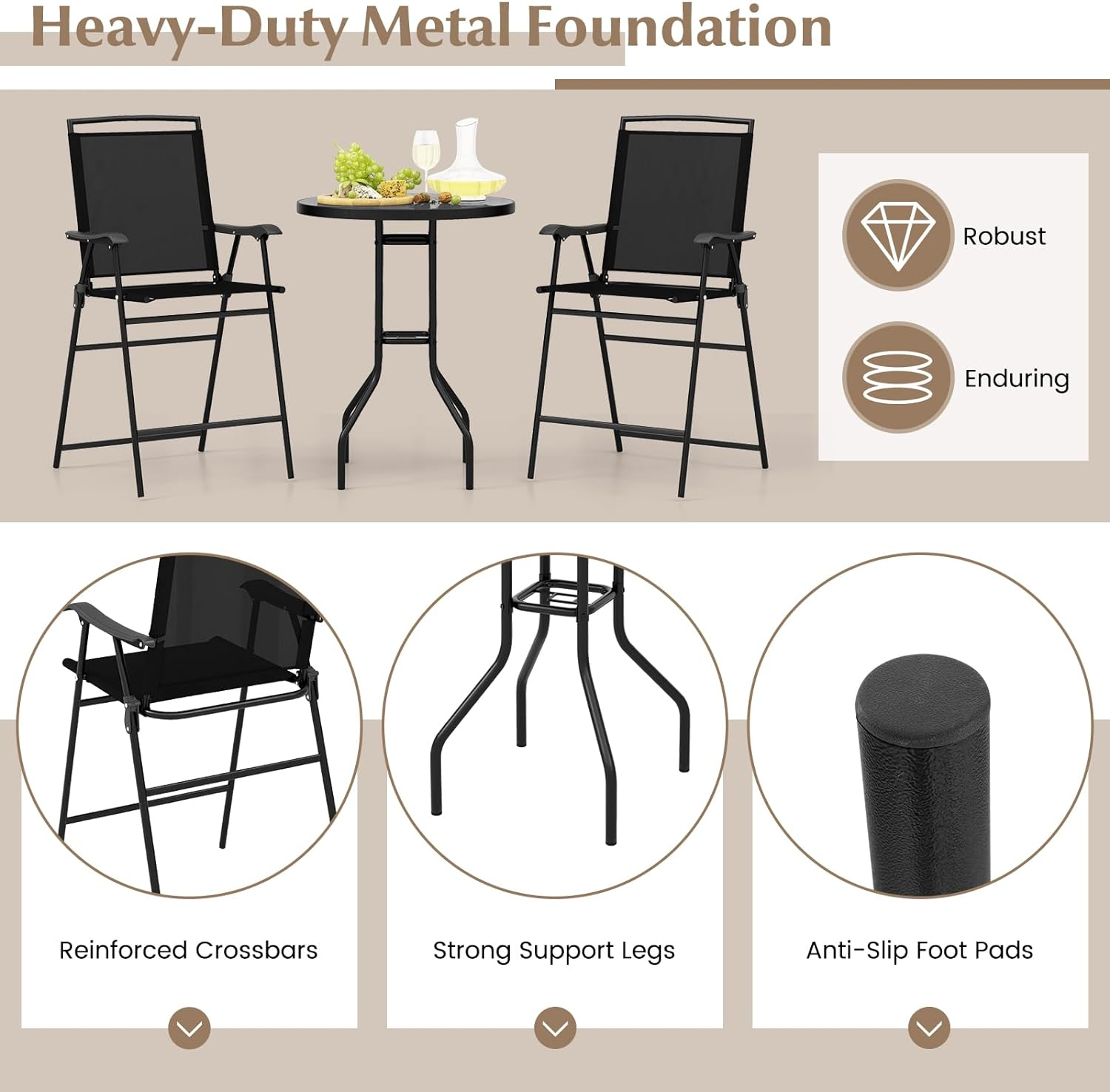Costway 3 PCS Outdoor Bar Stool Set, Bistro Furniture with DPC Tabletop, Umbrella Hole & Footrest, Patio Bar Table with 2 Folding Counter Height Chair for Poolside Deck Porch, Black image number 1