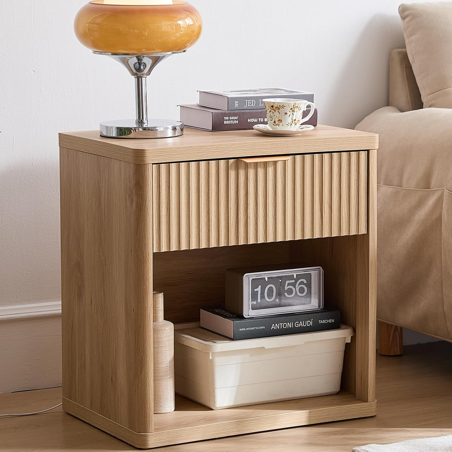 LELELINKY 58 X 39 Cm Fluted Bedside Table with 1 Drawer,Farmhouse Natural Bed Side Tables Storage Chest of Drawers with Open Shelf,Wood Nightstand Cabinet with Metal Handles for Bedroom,Living Room image number 5