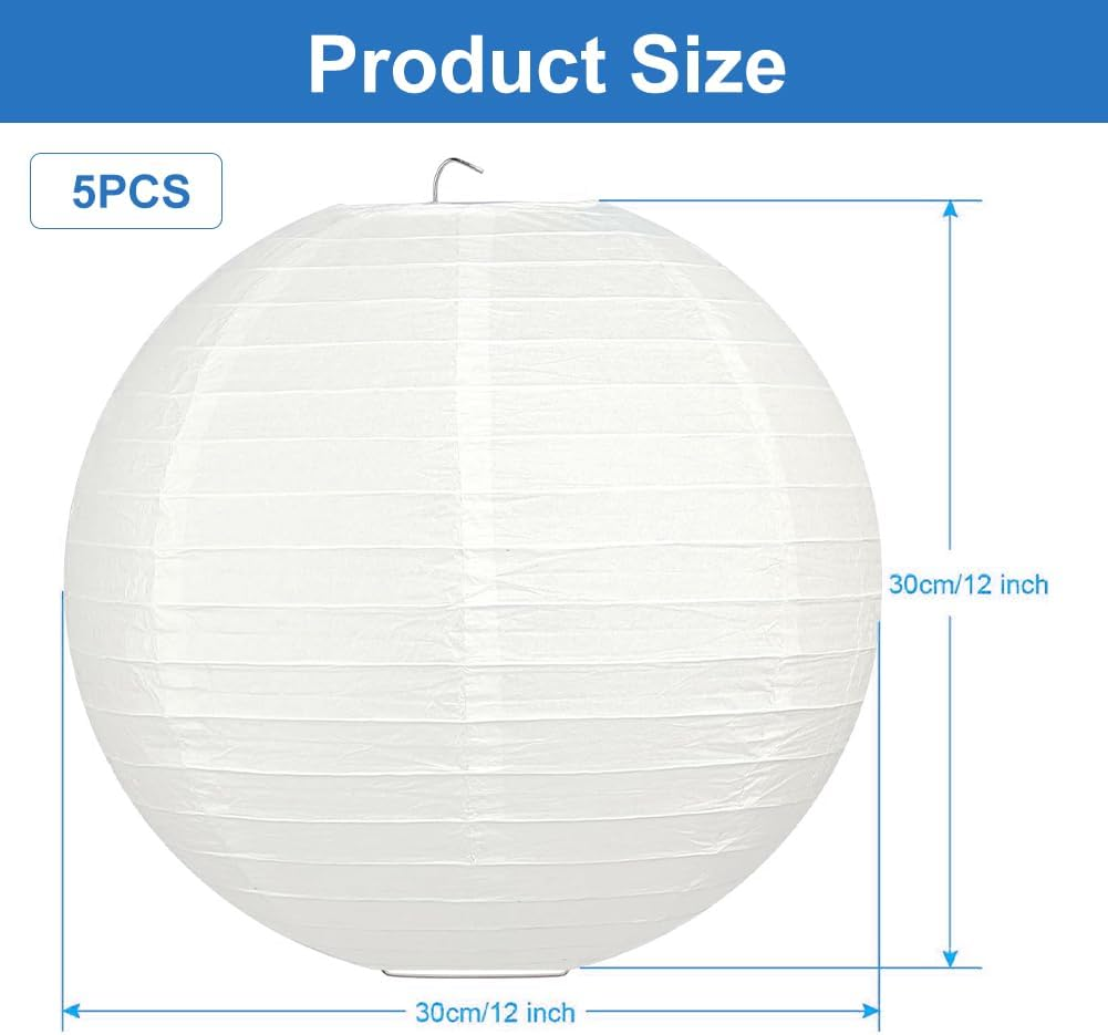 Paper Lanterns, Pack of 5 White Lanterns, Outdoor Weatherproof, Lanterns, Outdoor, Hanging round White Paper Lantern, Lampshade Paper, for Birthday, Baby Shower, Wedding, Party, Garden Decoration image number 2