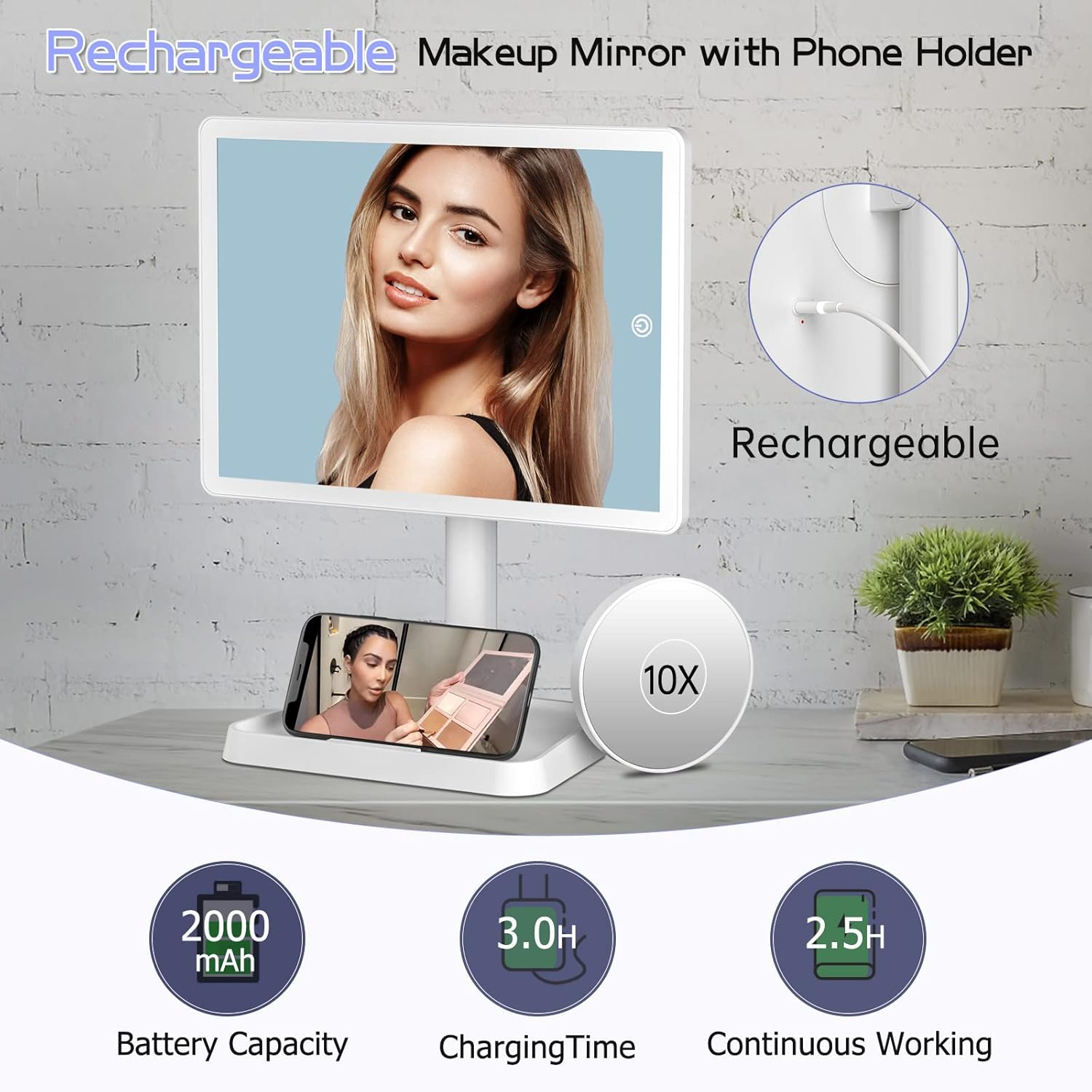 FUNTOUCH Rechargeable Makeup Vanity Mirror with Lights, Large Lighted Desk Makeup Mirror with 96 LED Lights and 10X Magnifying Mirror, 3 Color Lighting, Light up Make up Mirror with Phone Holder image number 3