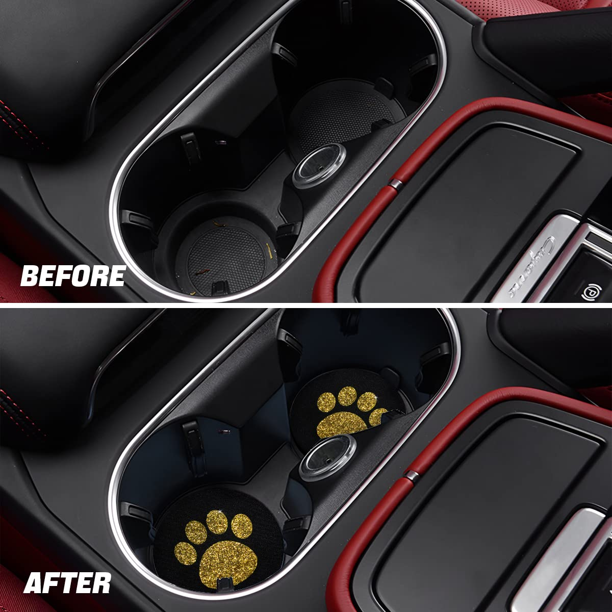 AUCELI 2 Pack Car Cup Holder Coasters, 2.75In Bling Glitter Rhinestone Paw Print Cup Coaster, Rubber Non-Slip Insert Auto Drink Mat, Universal Car Interior Accessories for SUV, Truck, RV (Golden) image number 6