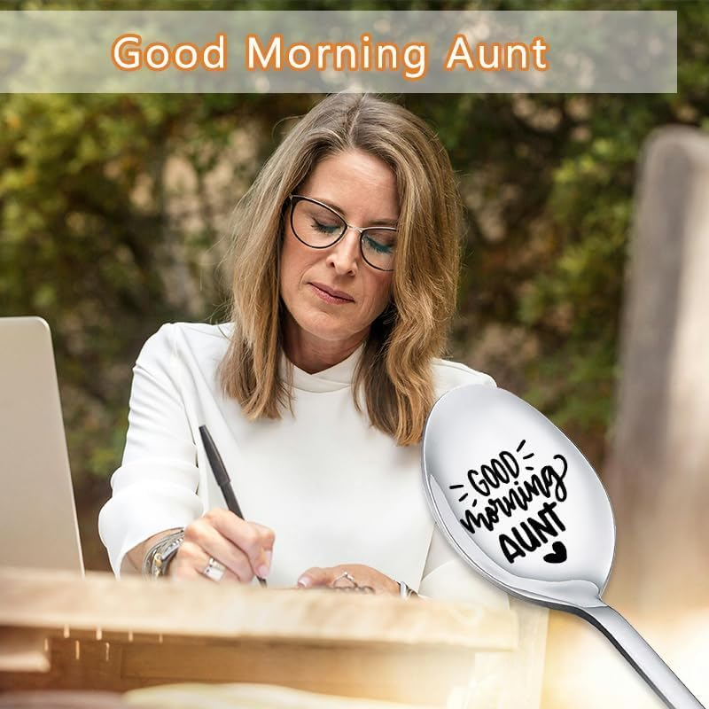Good Morning Aunt Spoon for Women Aunt Auntie Mothers Day Gifts from Nephew Niece New Future Aunt Birthday Gifts for Auntie Aunty Tea Coffee Spoons for Her Ice-Cream Lovers Aunt Engraved Spoon image number 2