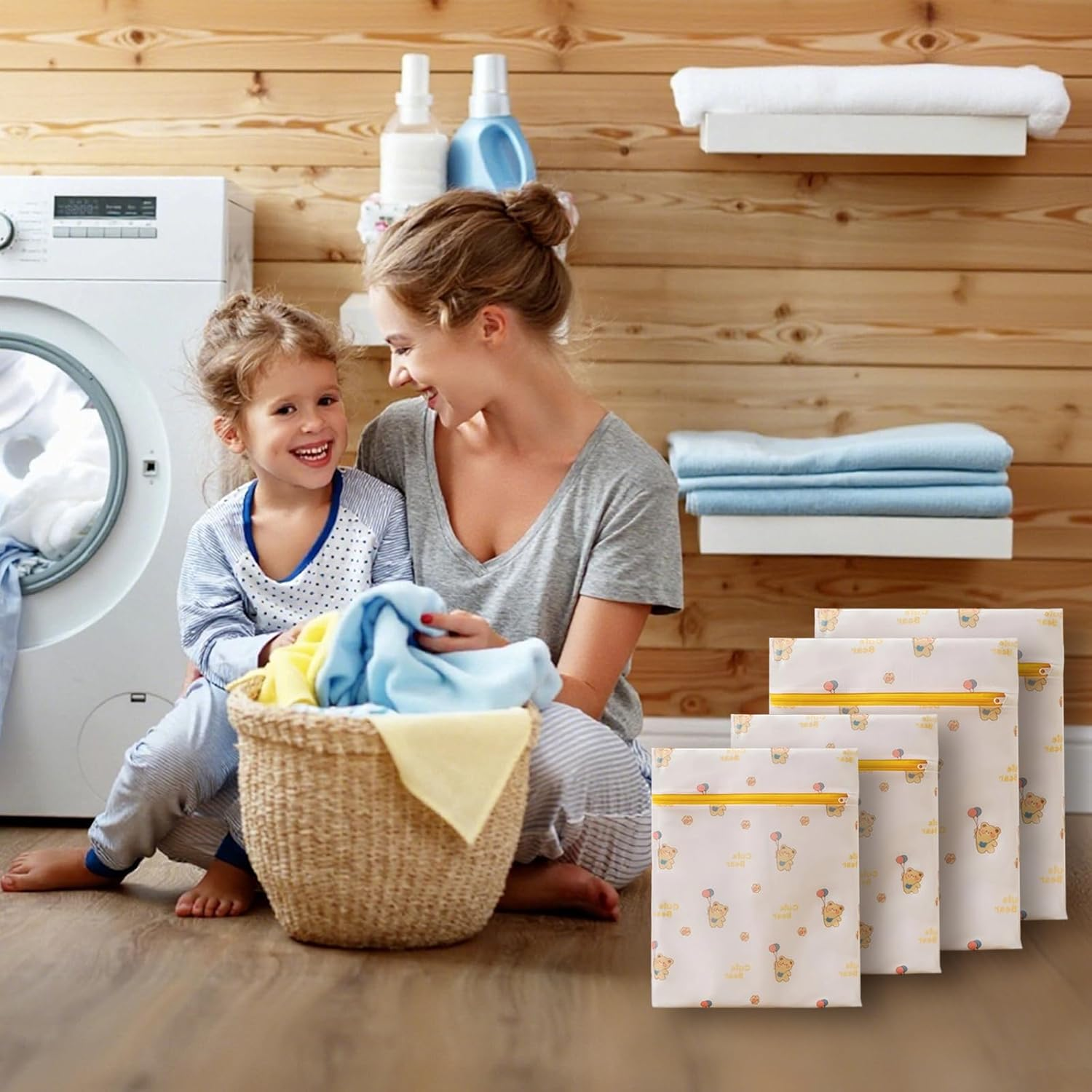 Viiotu 4 Sets Mesh Laundry Bag for Washing Machine,Large Small Travel Laundry Bag with Cute Bear for Delicates,Hosiery,Stocking,Underwear (Balloon Bear) image number 4