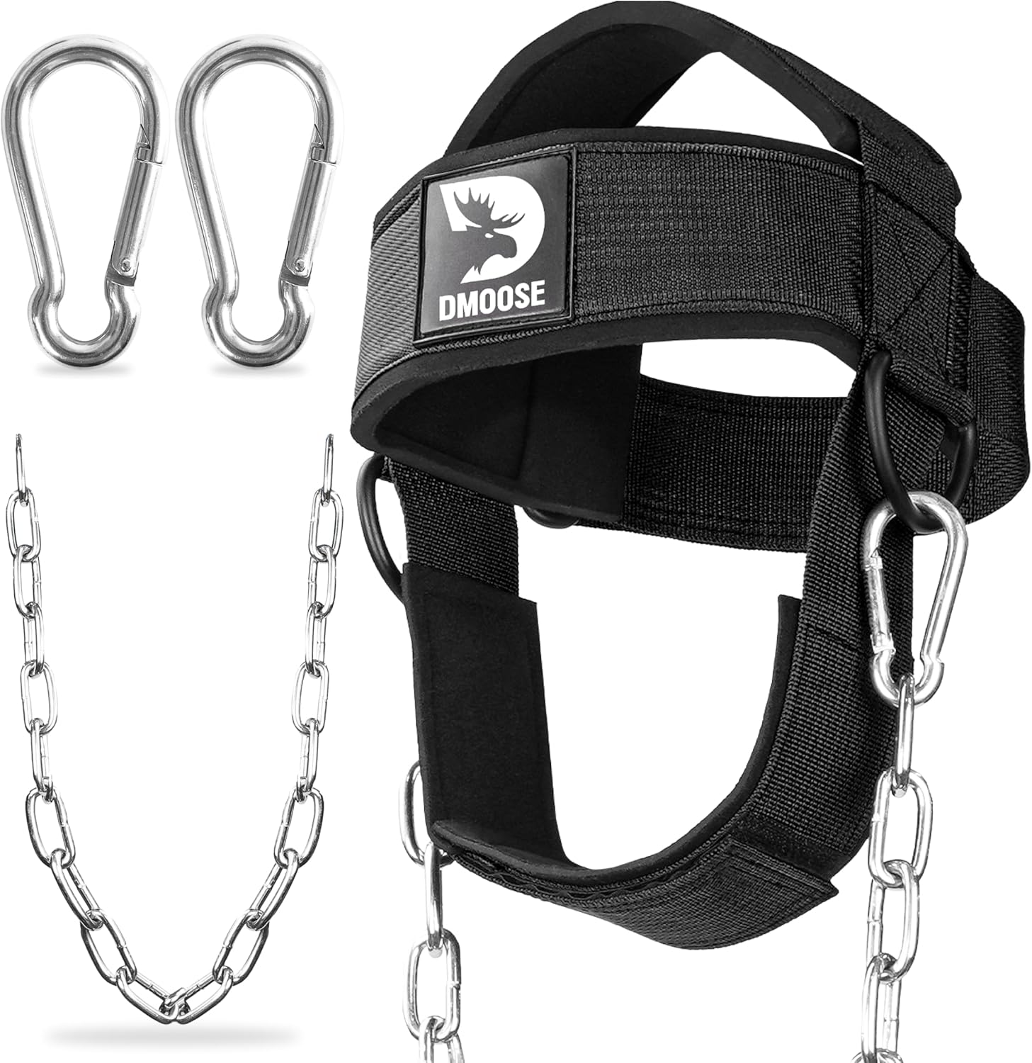 Dmoose Fitness Neck Harness for Weight Lifting - Adjustable Head & Chin Strap with 30" Heavy Duty Steel Chain - Neck Exerciser, Trainer & Strengthener to Support Injury Recovery & Intense Workouts