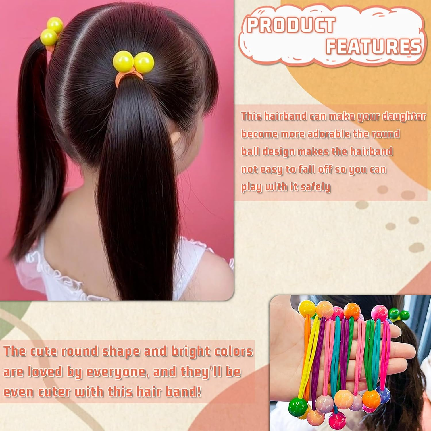 NEETUE 49 Pcs Multicolor Hair Ties with Bead, Cute Elastic Ponytail Holders, Bobble Hair Tie, Colorful Puff Ball Hair Ties for Girls Women