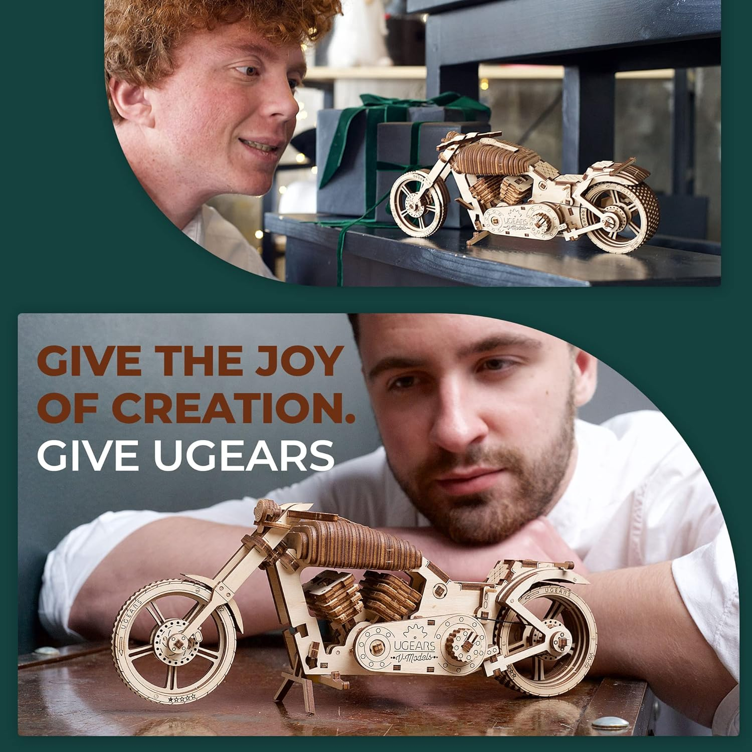 UGEARS 70051 Motorcycle, DIY Technical Model Construction, Project Bike, VM-02 with Rubber Band Motor Model Kit, Wood, Multi, One Size image number 1