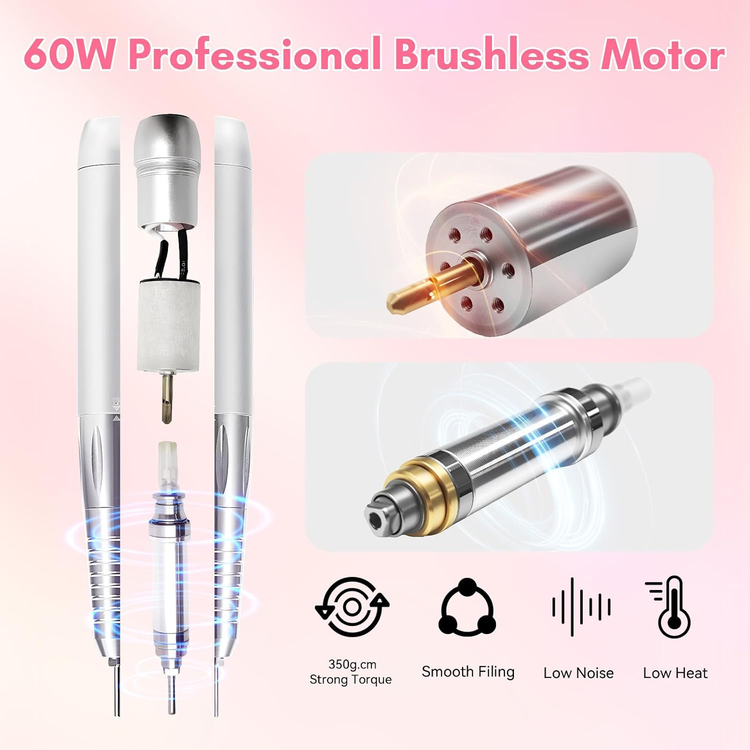 Makartt Electric Nail Drill - 35000RPM Rechargeable Efile with Coreless Motor, Nouvella Portable Nail Filer Machine for Acrylic Gel Removal with Drill Bits Set, Black - Nouvella Purple image number 7