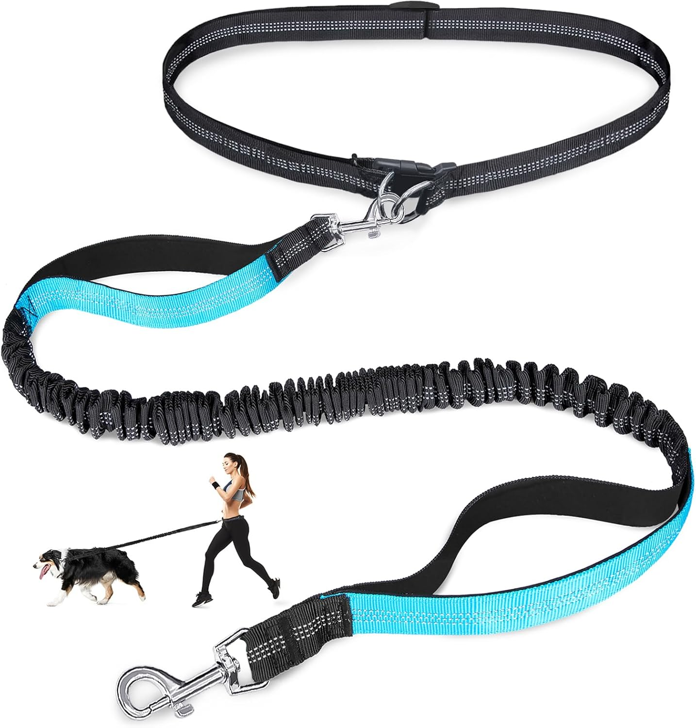 Hands Free Dog Leash, Adjustable Waist Leash for Dog Walking, Dual Handle Bungee Dog Leash 4.2-6.7 Feet Long with Reflective Stitches for Walking Hiking Running, Fits 34-61 Inch Waist, Black & Bule