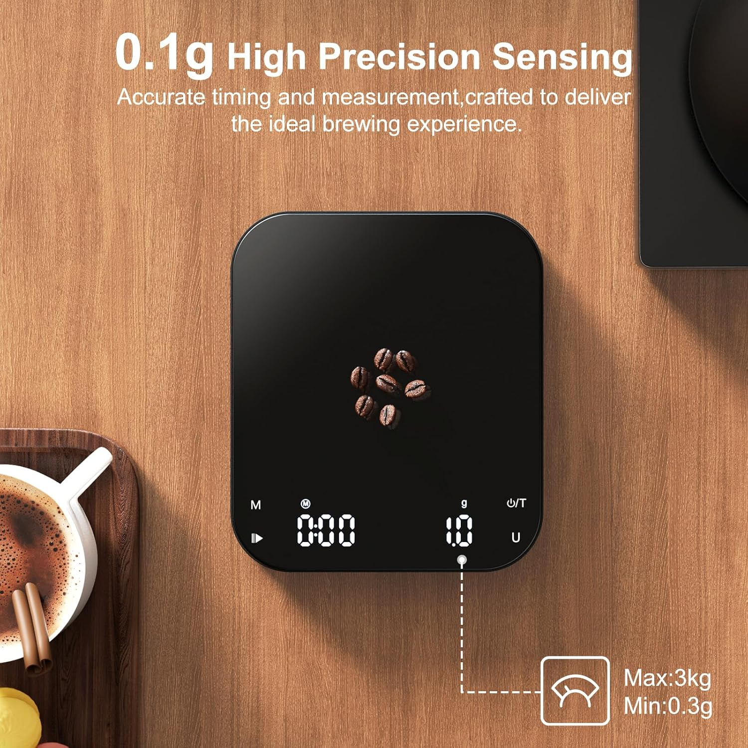 Ultrean Coffee Scale with Timer, 3Kg/0.1G High Precision Drip Espresso Scale with Auto Tare, Rechargeable Kitchen Food Scale with Digital LED, Touch Sensor and Silicone Cover, 6 Units, Black image number 4