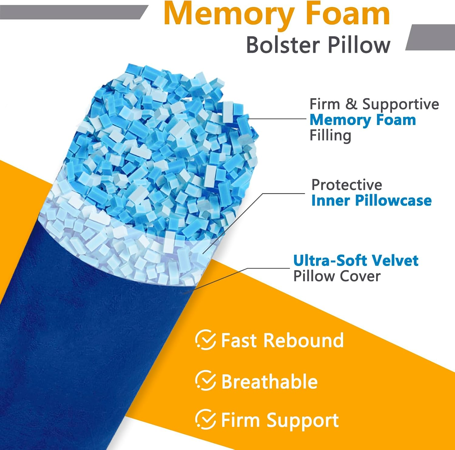 Body Pillow, Memory Foam round Body Pillows for Adults, Firm Long Bolster Pillow for Bed, Cylinder Tube Roll Pillow with Velvet Cover, 47X7.87 Inches, Navy Blue image number 2