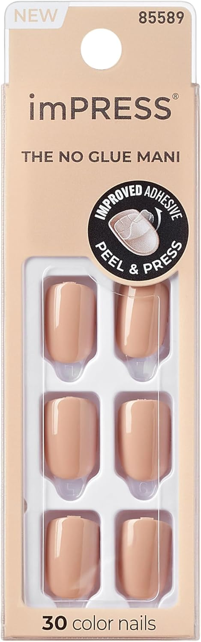 KISS Impress No Glue Mani Press on Nails, Color, 'Latte', Beige, Short Size, Squoval Shape, Includes 30 Nails, Prep Pad, Instructions Sheet, 1 Manicure Stick, 1 Mini File image number 1