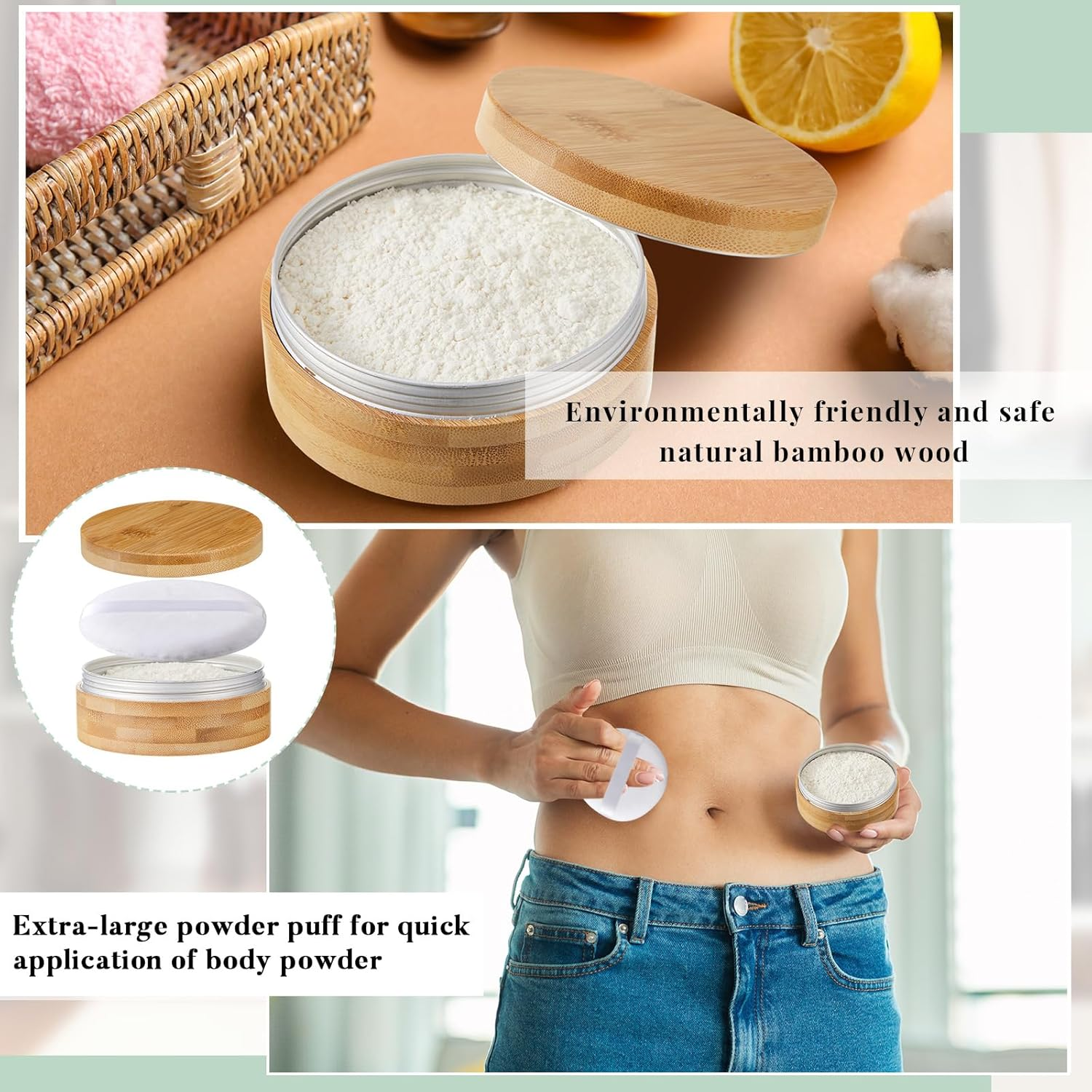 Frienda 300 Ml Bamboo Loose Powder Puff and Container Empty Dusting Powder Jar for Body Face Makeup Travel Box Compact Case Holder with Sifter Lids and Puff