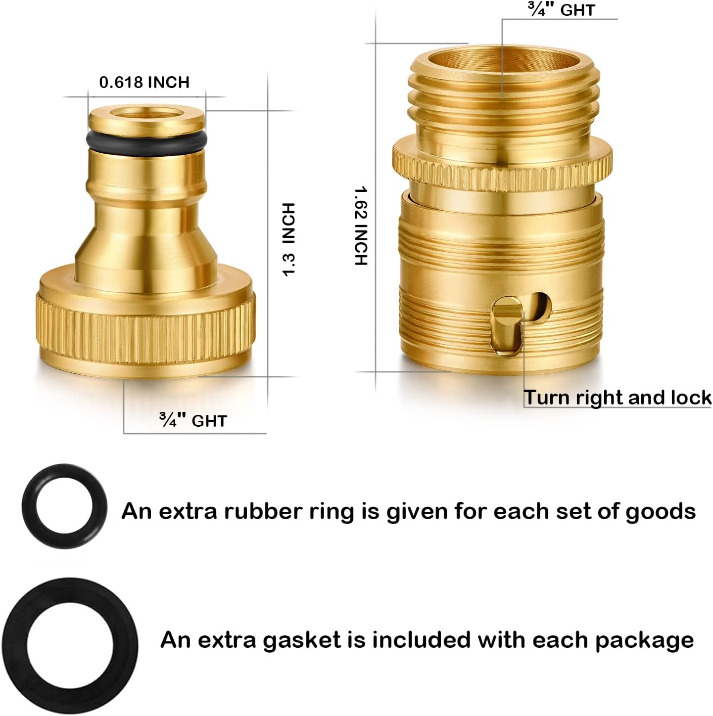 Garden Hose Quick Connect Solid Brass 3/4 Inch GHT External Thread Easy Connect Fittings No-Leak Water Hose Male Quick Connector and Female Product Adapters (6 SETS) - 3 Sets image number 5