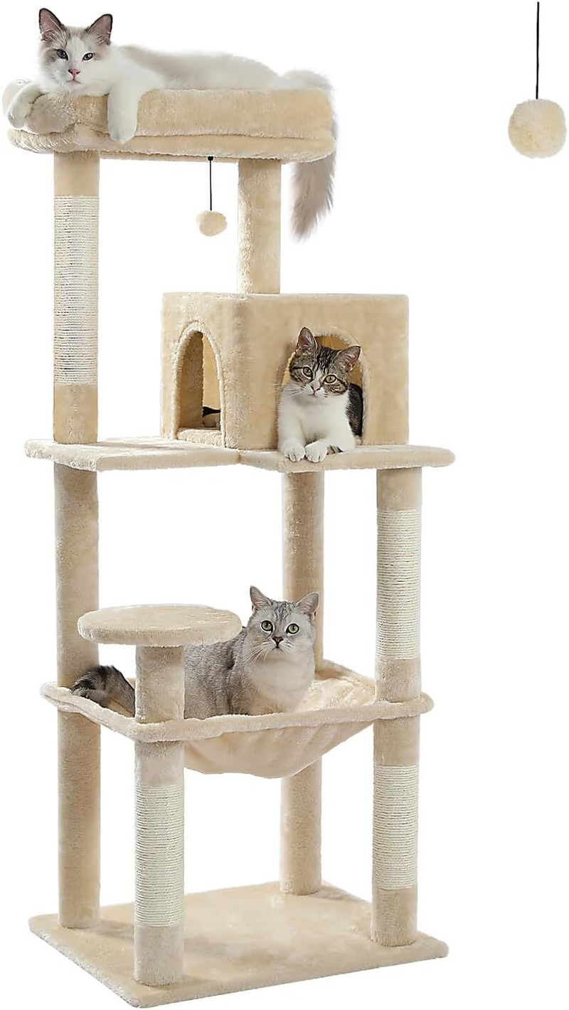PAWZ Road Cat Tree 143Cm Cat Scratching Post Multi-Level Play Tower with a Large Hammock and Top Perch Home Pet Furniture Beige image number 1