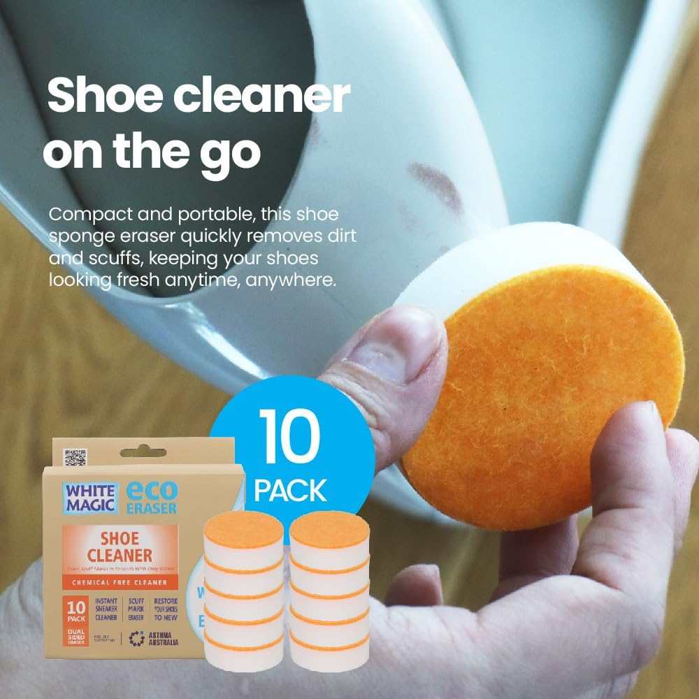 White Magic Eco Eraser Dual Sided Shoe Cleaner &ndash; Instant Scuff Mark Remover, Restores Leather, Rubber & PVC Shoes, 10-Pack, Easy Water-Activated Sponge, Reusable for Flawless Sneaker Care image number 5