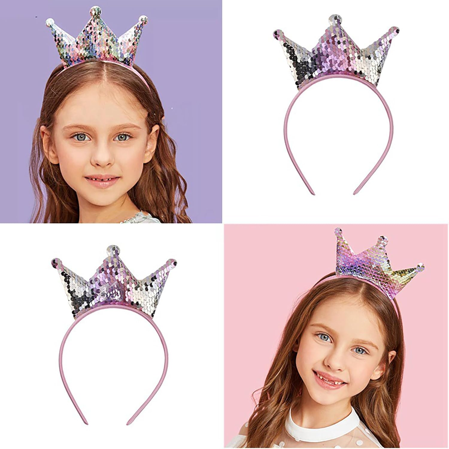 Yuannee Sequin Crown Headband,2 PCS Glitter Crowns Hair Band Princess Girls Shiny Crown Hair Band Halloween Christmas Glod Hair Hoop for Girls Women Birthday(Pink) image number 1